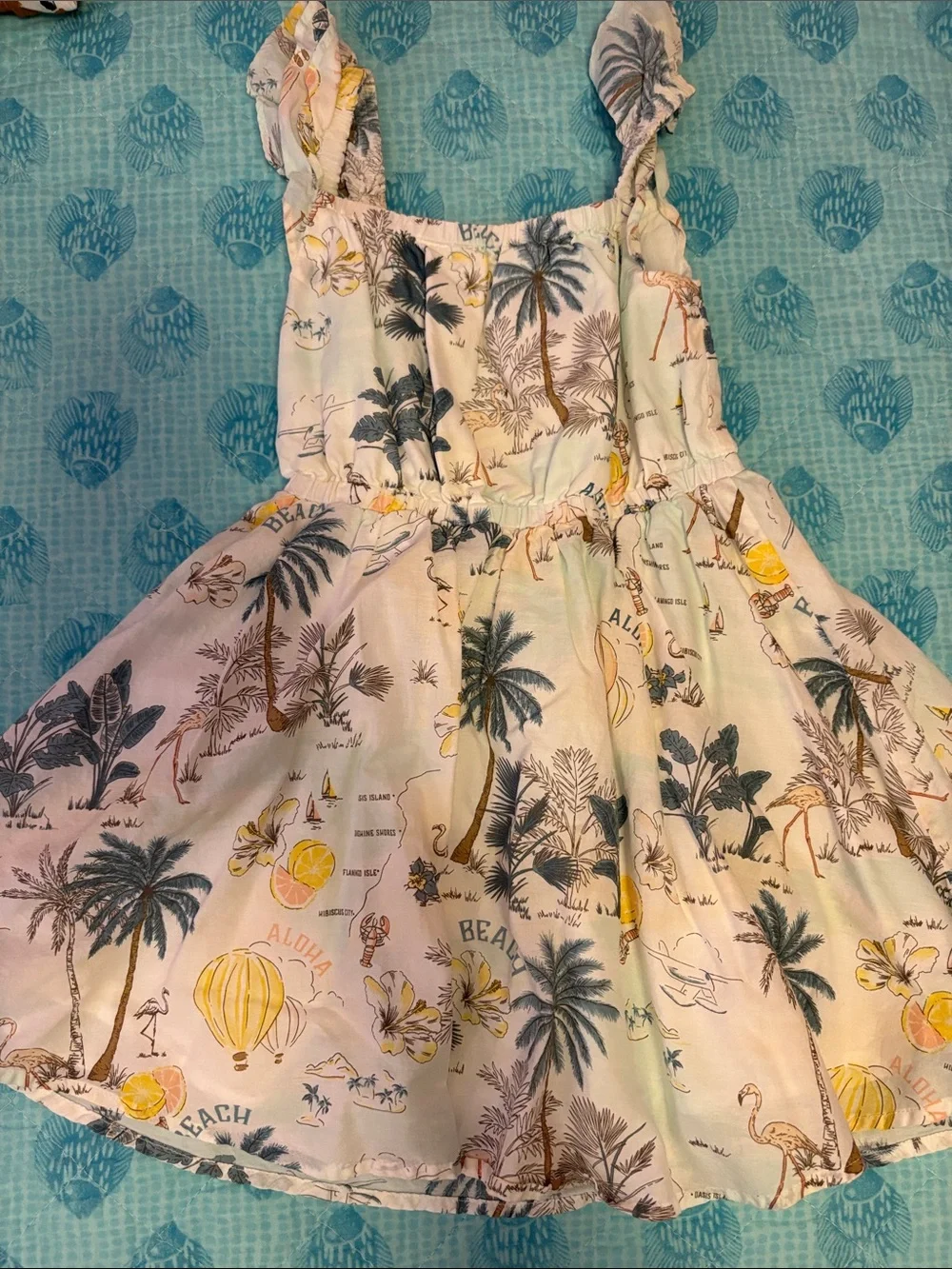 Girls' Tropical Beach Print Ruffle Strap Dress